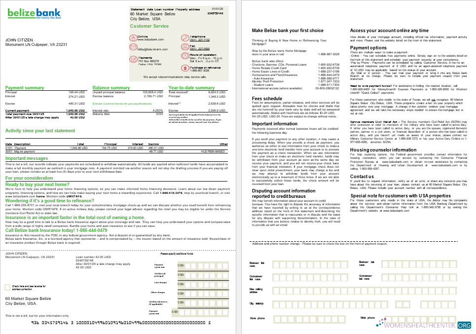 Download USA Belize Bank mortgage statement in Word and PDF formats, 2 pages Photoshop template